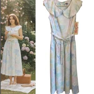 Vintage 80s Deadstock NWT Lanz Size 6 Floral Midi Dress Peter Pan Collar Pastel